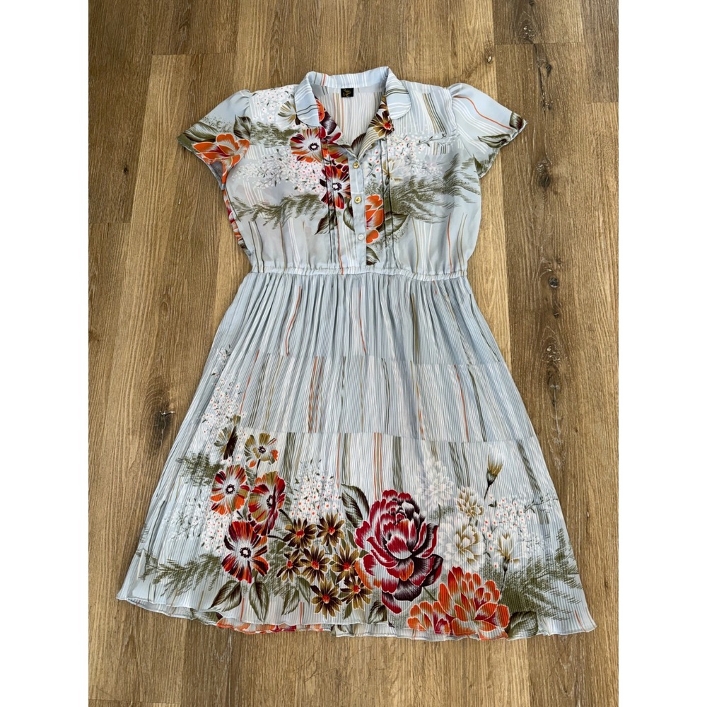 Princess VTG Floral Pleated Midi Dress Women L Blue Striped Button Front 70s